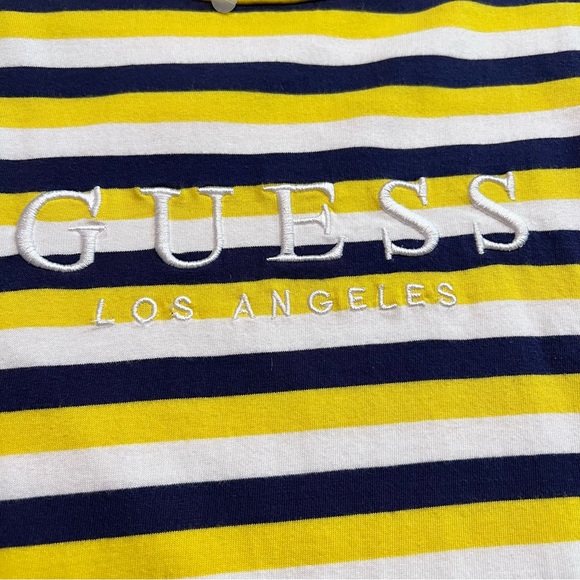 GUESS Los Angeles Mens Y2K Retro Embroidered Logo Tee Cotton Yellow Navy Striped - Picture 3 of 7